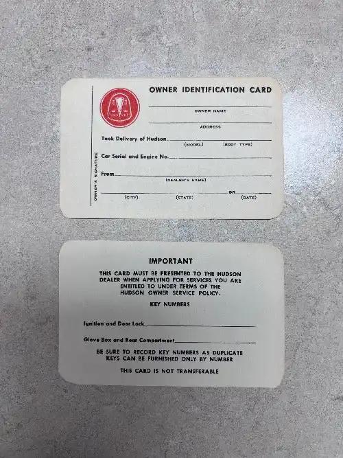 Hudson 1932-57 New Car Owners IDENTIFICATION CARD