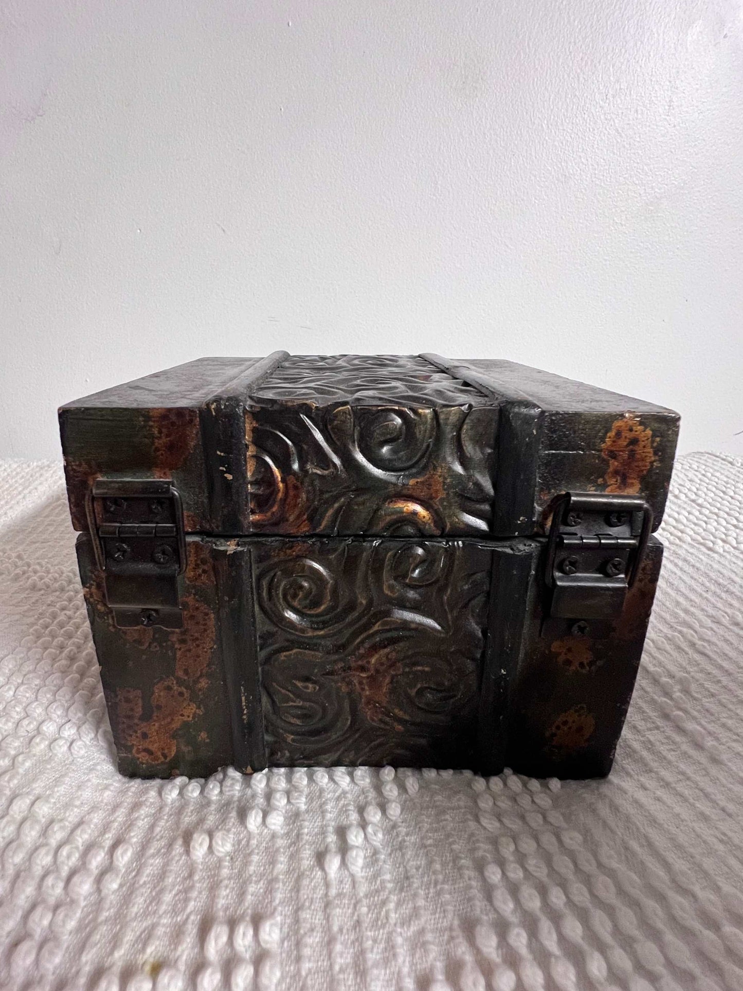 Vintage Square Wooden Treasure Box Unique Eclectic Item Rare The hooked latch, hinges and center motif are metal. The item measures approximately 5 1/5 inches wide