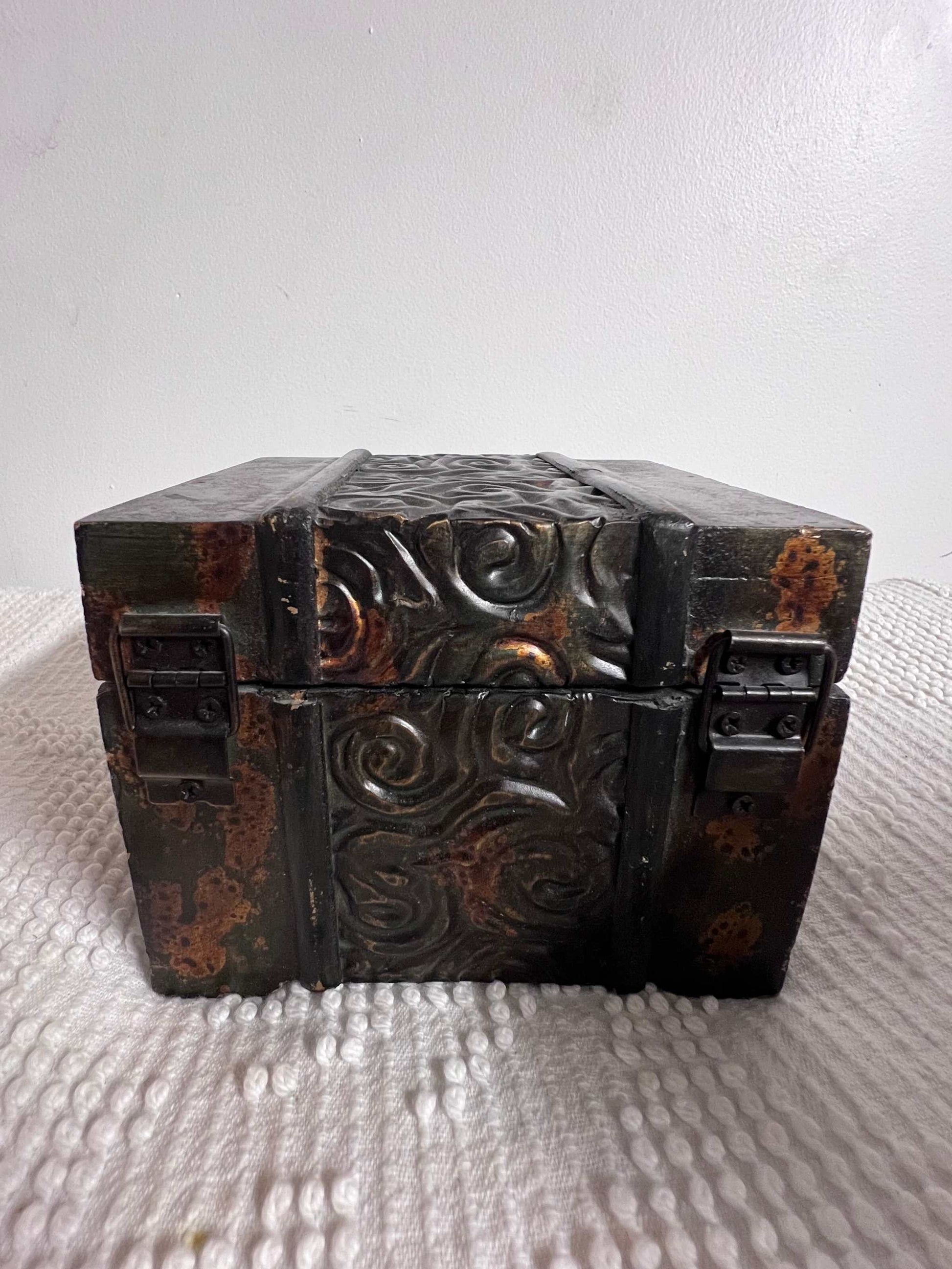 Vintage Square Wooden Treasure Box Unique Eclectic Item Rare The hooked latch, hinges and center motif are metal. The item measures approximately 5 1/5 inches wide