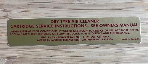 American Motors 1968-1970 Dry Type Air Cleaner Instruction Decal