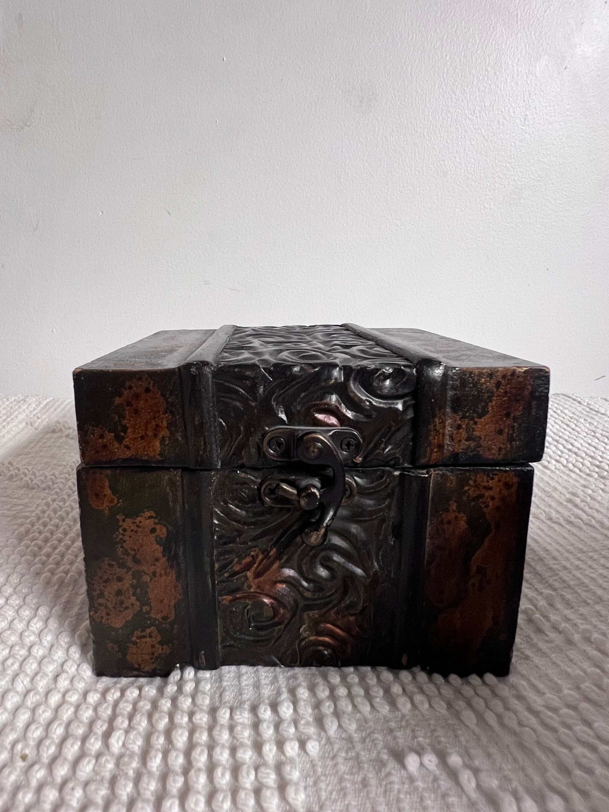 Vintage Square Wooden Treasure Box Unique Eclectic Item Rare The hooked latch, hinges and center motif are metal. The item measures approximately 5 1/5 inches wide