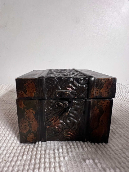 Vintage Square Wooden Treasure Box Unique Eclectic Item Rare The hooked latch, hinges and center motif are metal. The item measures approximately 5 1/5 inches wide