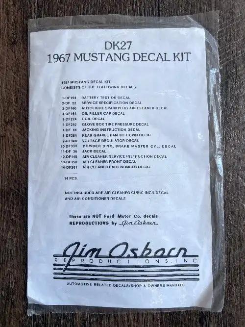 1967 FORD MUSTANG DECAL KIT 14 PIECES JIM OSBORN PRODUCT MINT