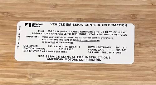 American Motors 1971 258 Manual Transmission Emission Decal