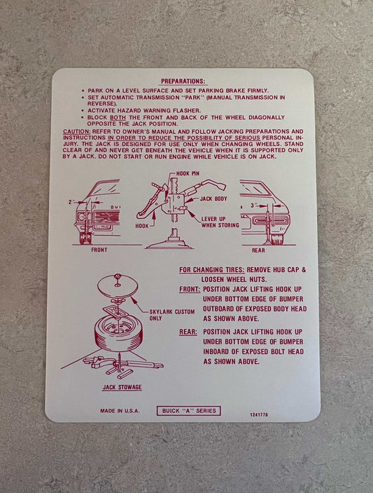 Buick 1972 Specialty Skylark GS Jack Instructions Decal Restoration A Series Relic has been safely stored away for decades and measures approximately 4.75 inches