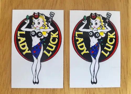 LADY LUCK 2 Decal SET 8 BALL CLOVER LEAF MOTORCYCLE New Old Stock Item These have been stored for decades and measures 1 1/4 inches wide and the length is 2 inch. 