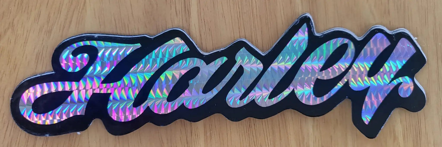 Harley Script DECAL 1970s Iridescent Logo Motorcycle WOW RETRO AND NOS Turning back the clock big time with this adhesive decal. It measures approx 2.25" X 6.75"