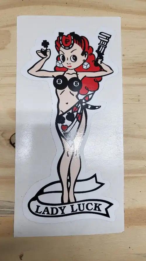LADY LUCK MOTORCYCLE Decal WHITE BACKGROUND 8 BALL CLOVER LEAF Turning back the clock big time with this adhesive decal. Has been stored for decades and is 7" x 3.5"
