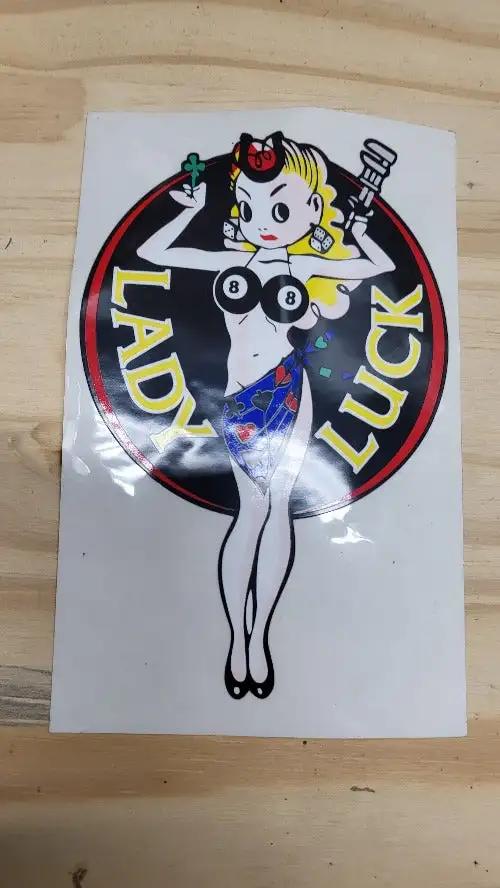 LADY LUCK MOTORCYCLE Decal LARGE 8 BALL CLOVER LEAF Turning back the clock big time with this adhesive decal have been stored for decades and measures 6 in x 3.75 in