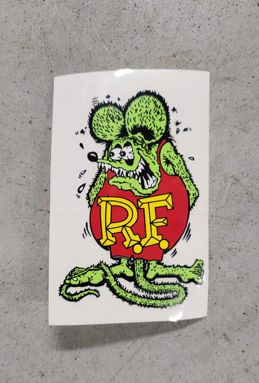 RAT FINK DECAL Small R.F. OFFICIAL MINT Condition NOS L@@K Motorcycle. This relic measures approximately 3.25 in in width by 2.25 in in length and is peel and stick