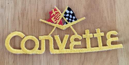 Corvette Chevrolet Golden Script Patch Auto Checkered Racing Flags NOS This Corvette relic has been stored for decades and measures 1.75 inches wide x 4.25 length