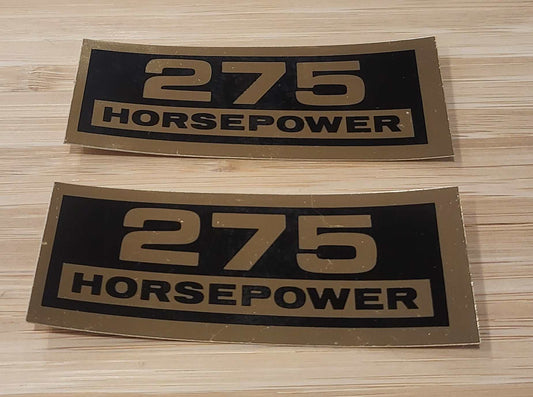 Pair 275 Horsepower Decals Valve Cover 1960s Chevy Corvette Impala Nova SS Camaro Black Gold Relics have been safely stored for decades and measure approx 1.25 x 3.2 275 Horsepower Decals Valve Cover 1960s Chevy Corvette Impala Nova SS Camaro Black Gold Relics have been safely stored for decades and measure approx 1.25 x 3.25 in