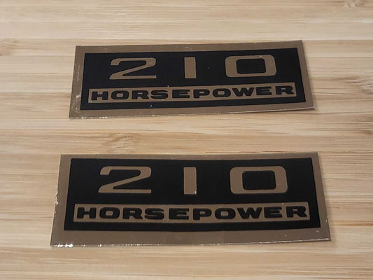 Pair 210 Horsepower Decals Valve Cover 1950s Chevy Bel Air Nomad and Chevrolet 150 Relics have been safely stored for decades and each measure approx 1.25 x 3.25 in