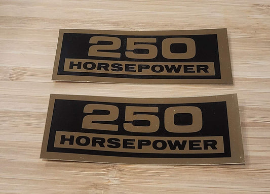 Pair 250 Horsepower Decals Valve Cover 1960s Chevrolet Chevy 250 Nova Black and Gold Relics have been stored safely for decades and measures approx 1.25 x 3.25 inch
