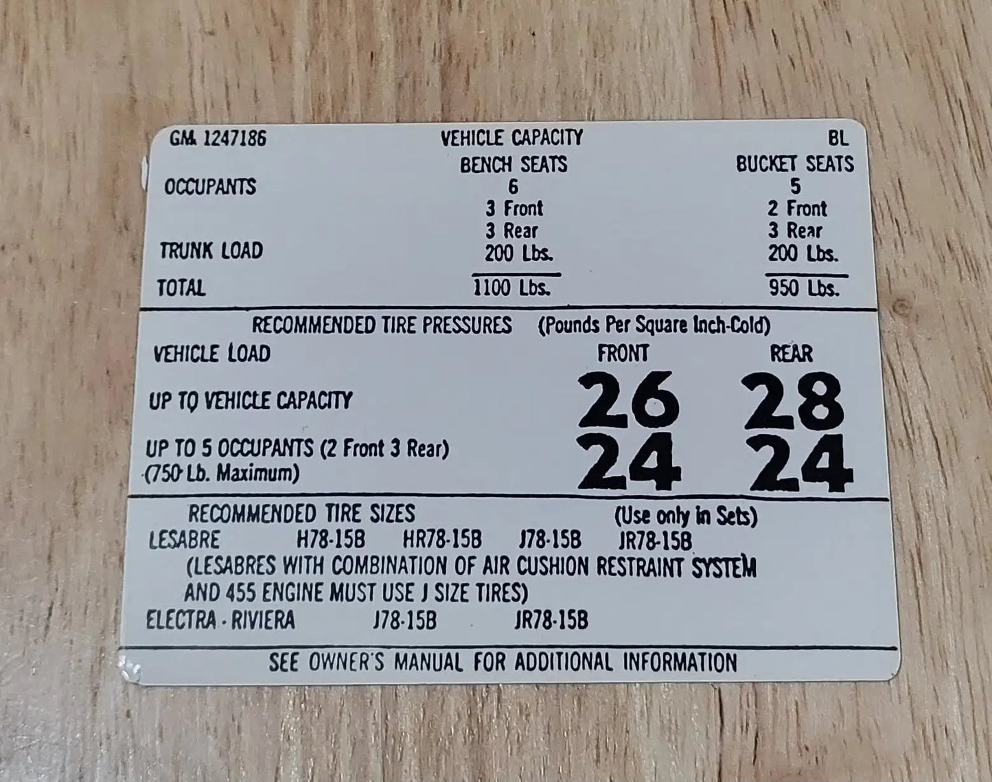 Buick 1973-74 Riviera Electra LeSabre Tire Pressure Decal EXC Condition Relic has been safely stored away for decades and measures approximately 3 inches x 3.75 inches