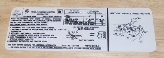 Buick 1971 455 4V STAGE 1 Auto and Manual Transmission Emission Decal Relic has been safely stored away for decades and measures approximately 3.25 inch x 9.25 inches