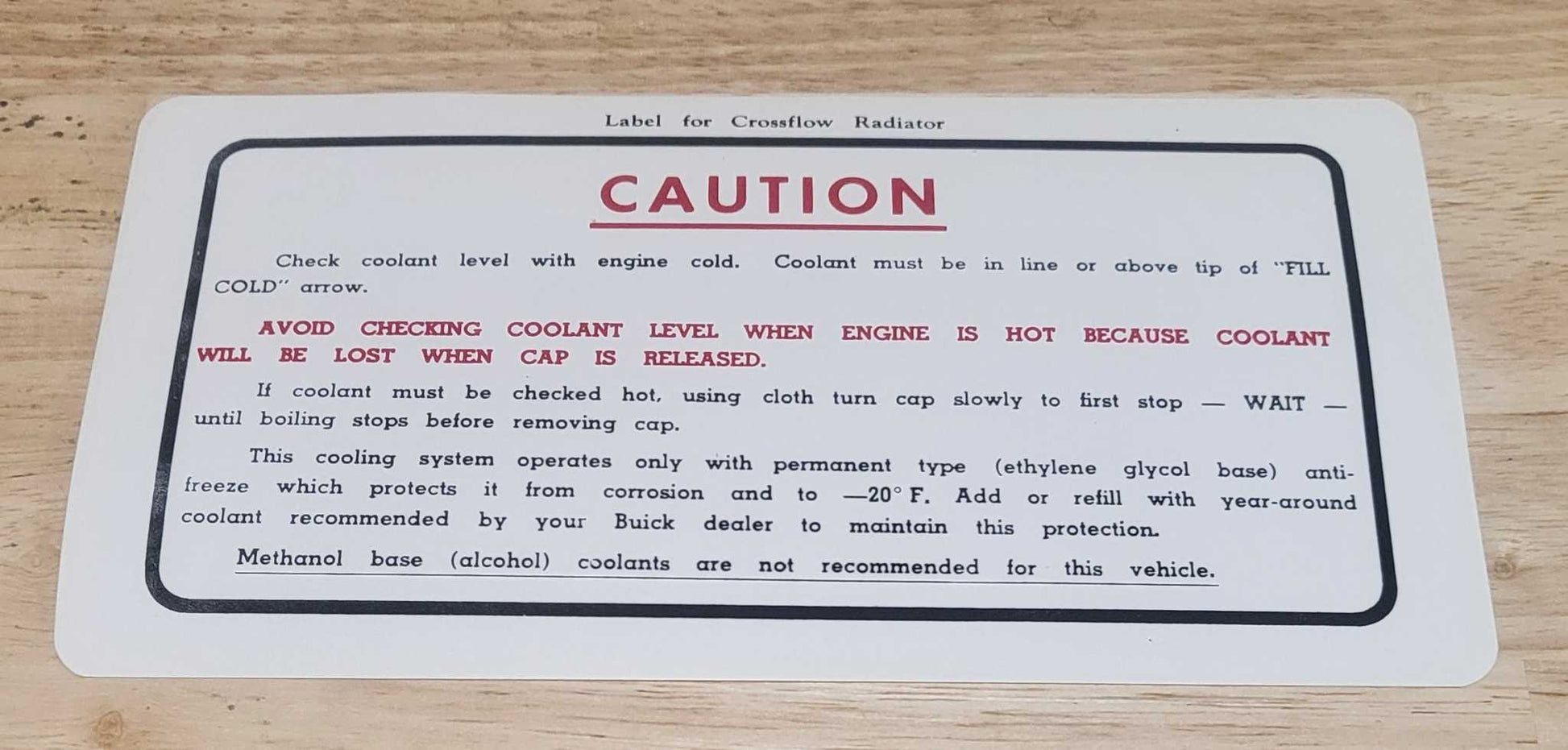 Buick 1965-66 Cross Flow Radiator Caution Decal New Old Stock Excellent Relic has been safely stored away for decades and measures approximately 4 inch x 8 inches 