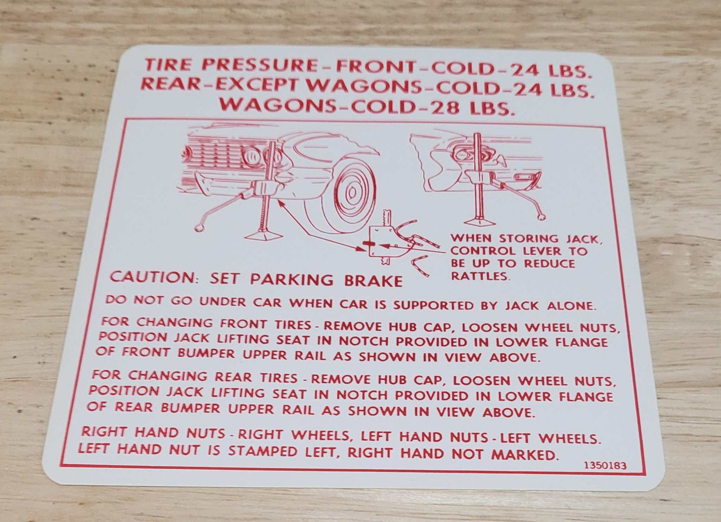 Buick GM 1962 Jack Instruction and Tire Pressure Decal New Old Stock EXC Relic has been safely stored away for decades and measures approximately 5 inches square