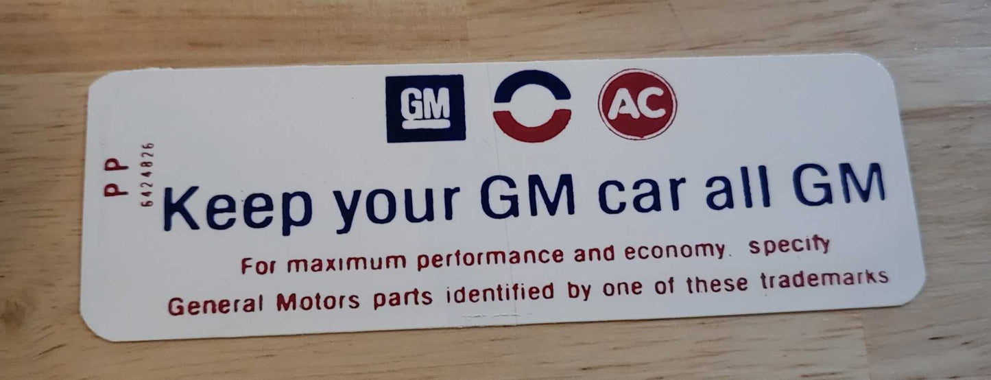 Buick 1968-70 Keep Your GM Car All GM Air Cleaner Decal New Old Stock