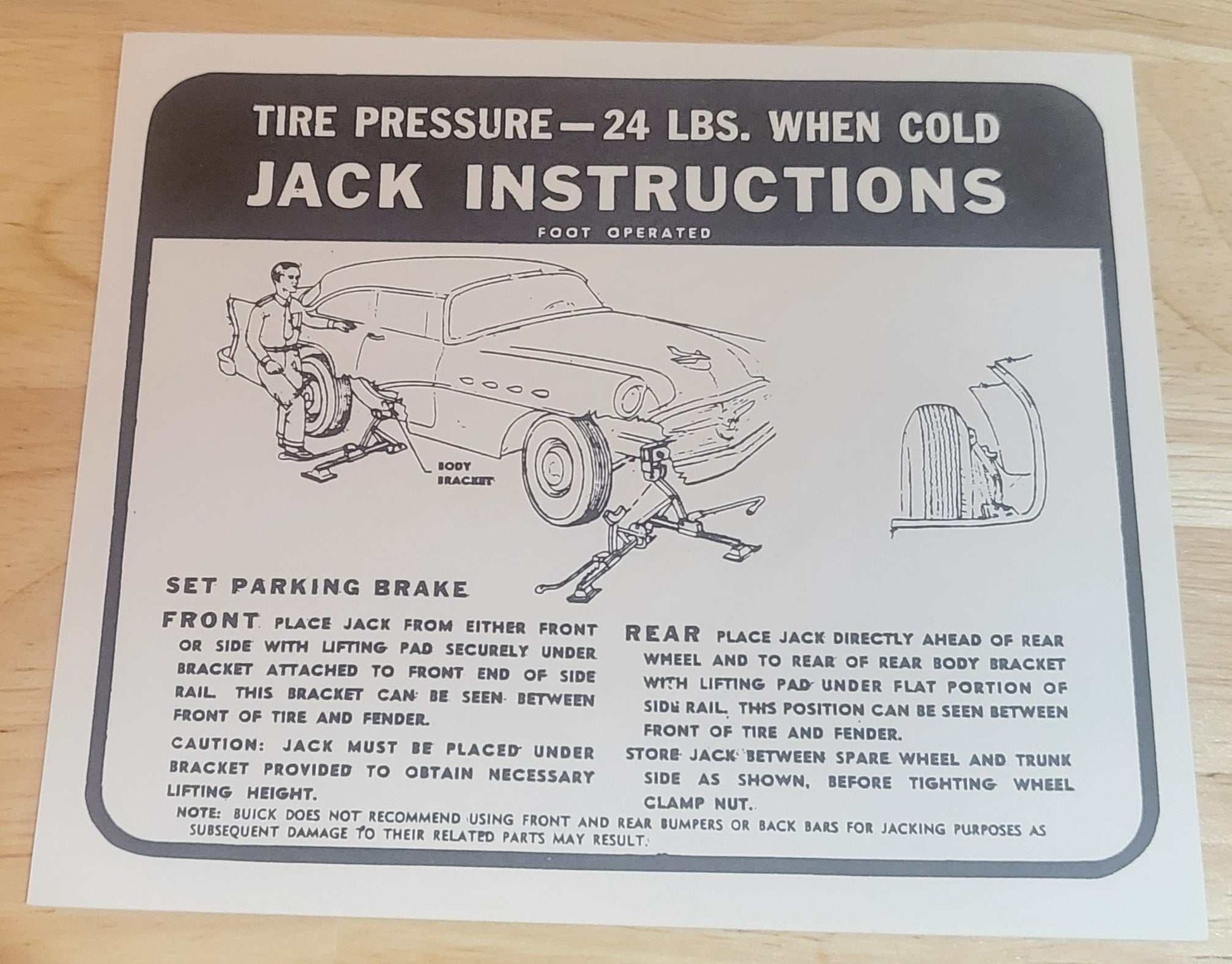 Buick 1955-57 Tire Pressure Jack Instruction Decal N.O.S. Restoration EXC Relic has been safely stored away for decades and measures approximately 5.25 inch x 6.25 inches