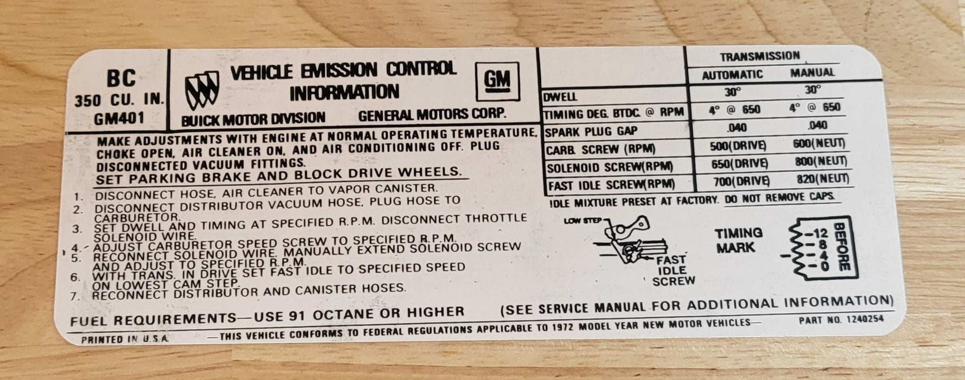 Buick 1972 350 4V GS Skylark Automatic and Manual Trans Emission Decal Relic has been safely stored away for decades and measures approximately 2.5 inch x 6.75 inches