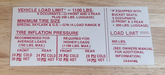 Buick 1970 Special Skylark GS Tire Pressure Decal Restoration EX Condition Relic has been safely stored away for decades and measures approximately 4 inch x 4.75 inches