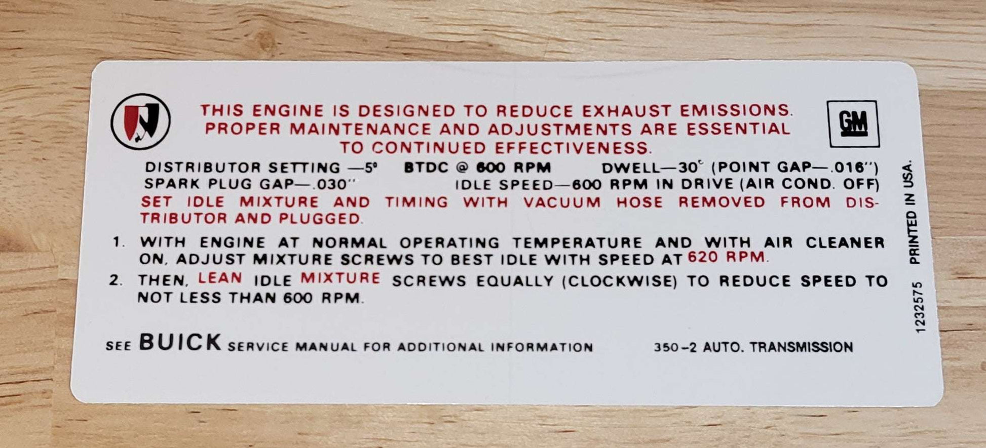 Buick 1969 350 2V Automatic Transmission Emissions Decal GS Electra NOS Relic has been safely stored away for decades and measures approximately 2.25 inch x 5.25 inches