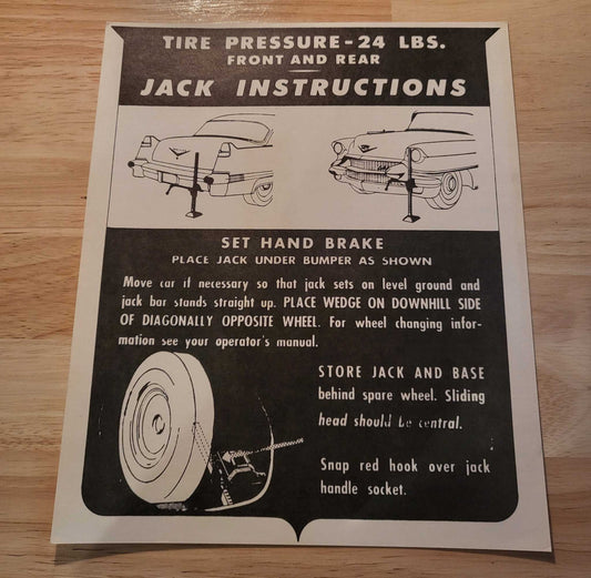 Cadillac 1956 Jack Instructions Decal Restoration Card Excellent Condition N.O.S. Rare Relic has been safely stored away for decades and measures approximately a 8.5