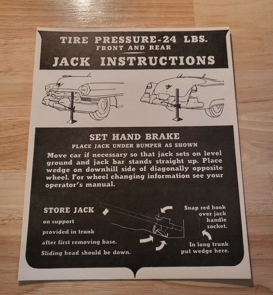 Cadillac 1951-52 Jack Instructions Decal Restoration Card EXC Condition N.O.S. Rare Relic has been safely stored away for decades and measures approximately a 8 inch