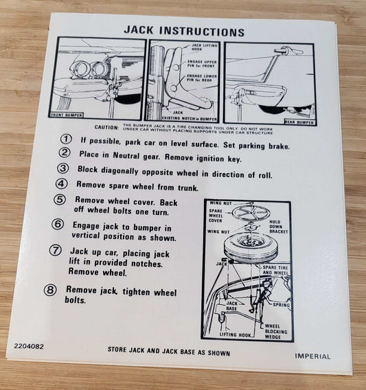 Chrysler 1962 Imperial Jack Instruction Decal NOS Restoration Condition Relic has been safely stored away with care for decades measures approximately 7.5 inch x 9 in