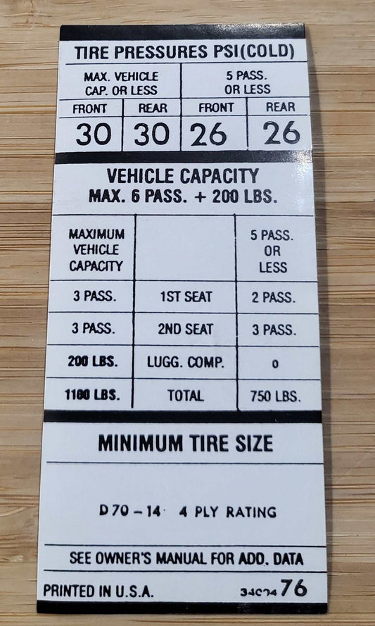 Mopar 1969 Tire Pressure A Body D70X14 Decal NOS Restoration EXC Condition Relic has been safely stored away with care for decades measures approximately 1.75 in x 3