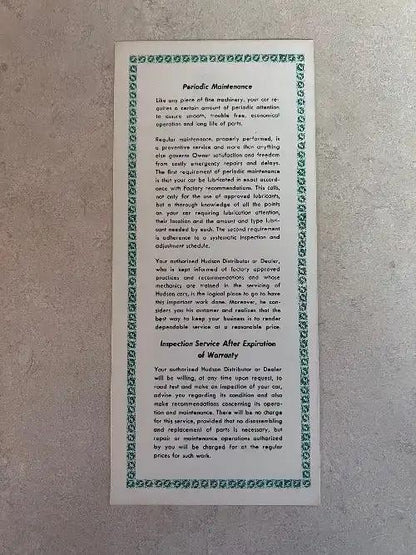 Hudson 1938-1957 New Car Owners Service Policy