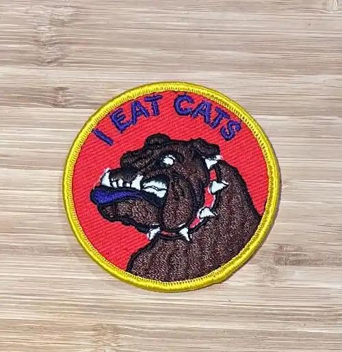 I Eat Cats Bulldog Vintage Patch Dog Animals Canine Excellent Stitching NOS Item measures approximately 3 inches circle detailed stitching