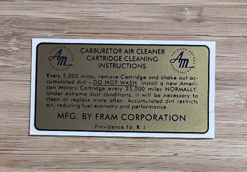 American Motors 1965 AMC FRAM Air Cleaner Service Instruction Decal