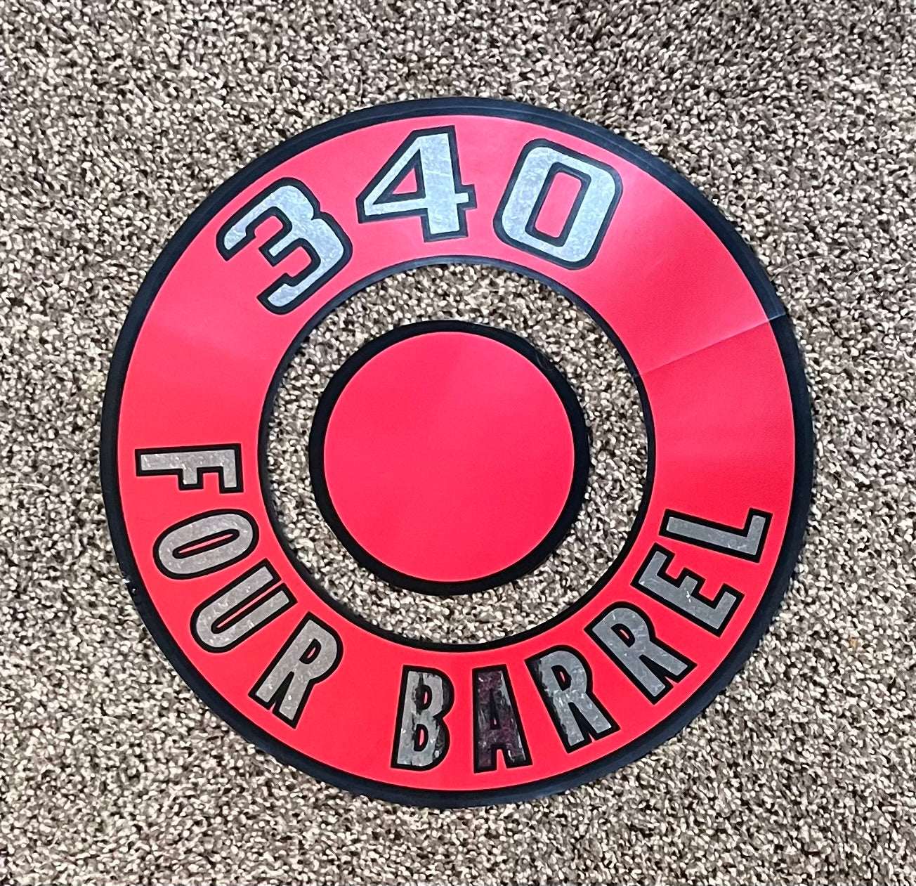 Plymouth Dodge 340 Four Barrel 1966-70 Air Cleaner Decal Mopar Red 2 PC Relic has been stored away for decades and measures 2.5 inches in width by 11 inches circle