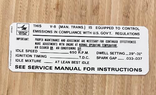 American Motors 1968-1969 V8 Manual Transmission Emission Decal