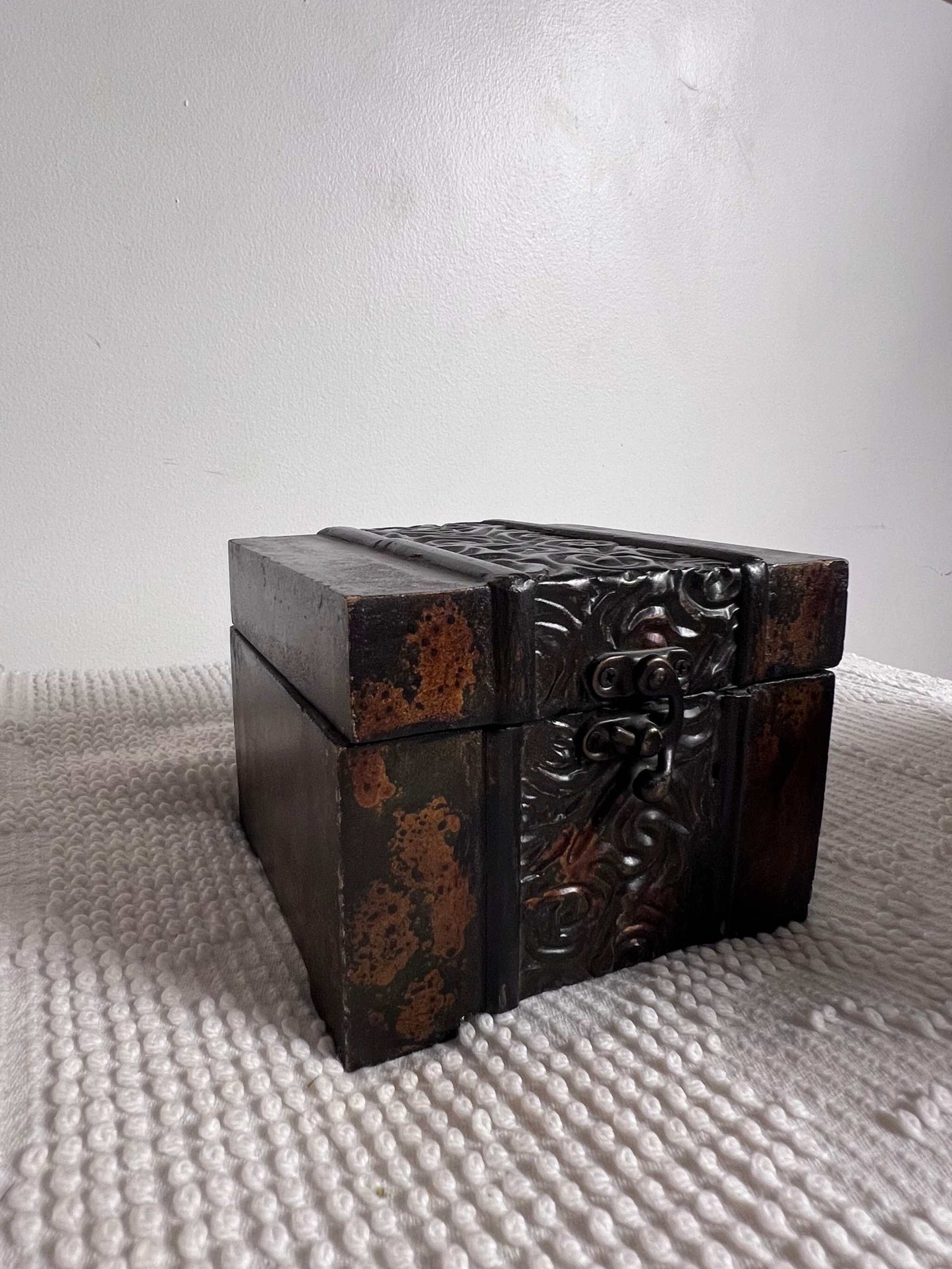 Vintage Square Wooden Treasure Box Unique Eclectic Item Rare The hooked latch, hinges and center motif are metal. The item measures approximately 5 1/5 inches wide