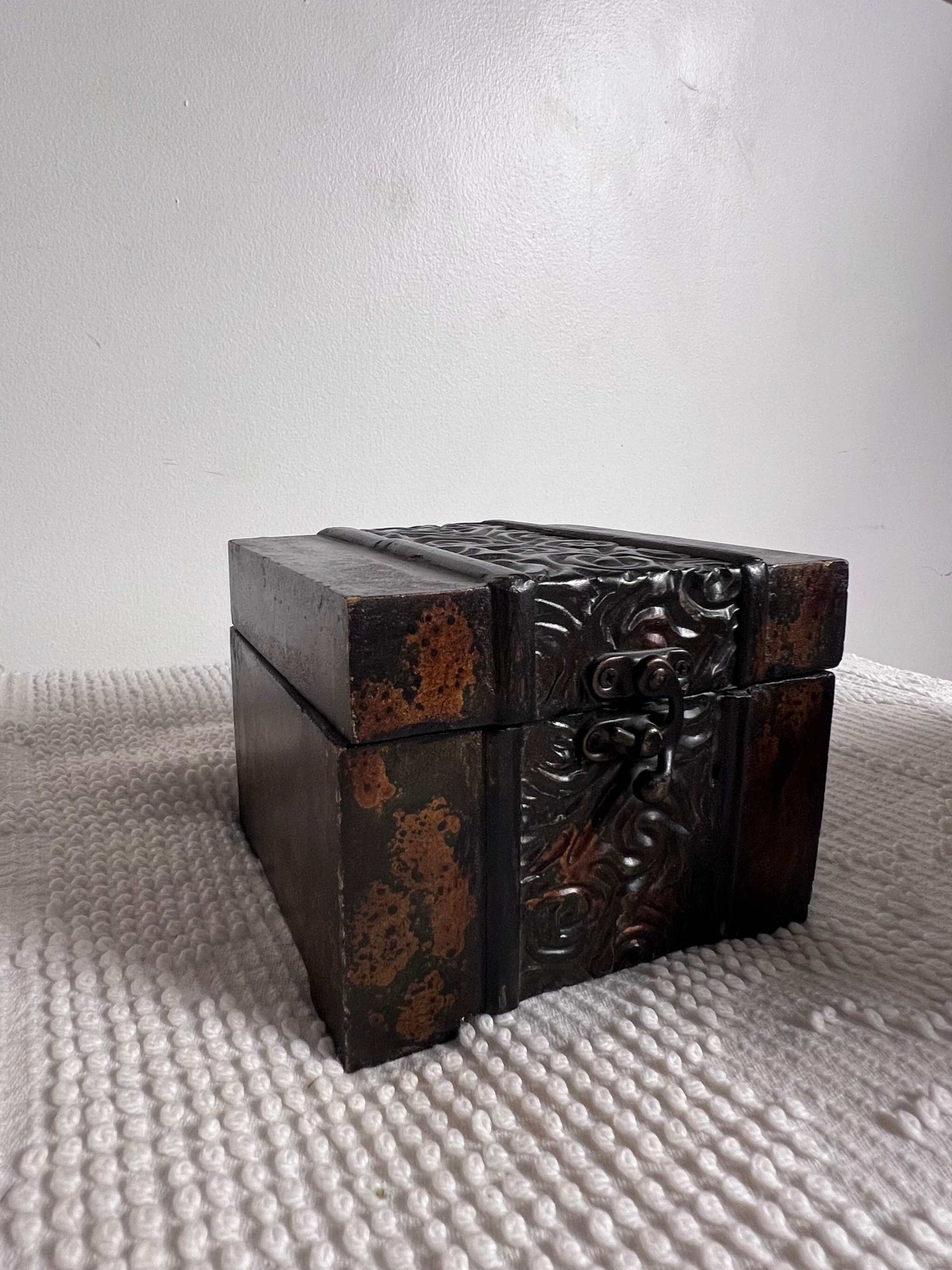 Vintage Square Wooden Treasure Box Unique Eclectic Item Rare The hooked latch, hinges and center motif are metal. The item measures approximately 5 1/5 inches wide