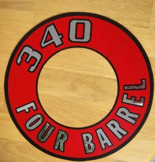 340 Four Barrel 1966-1970 Decal Mopar Red Silver Metallic Air Cleaner This relic has been stored for decades and measures 2.5 inches in width by 11 inches circle