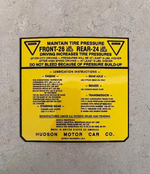 Hudson 1948-1954 Tire Pressure Service Specification Decal