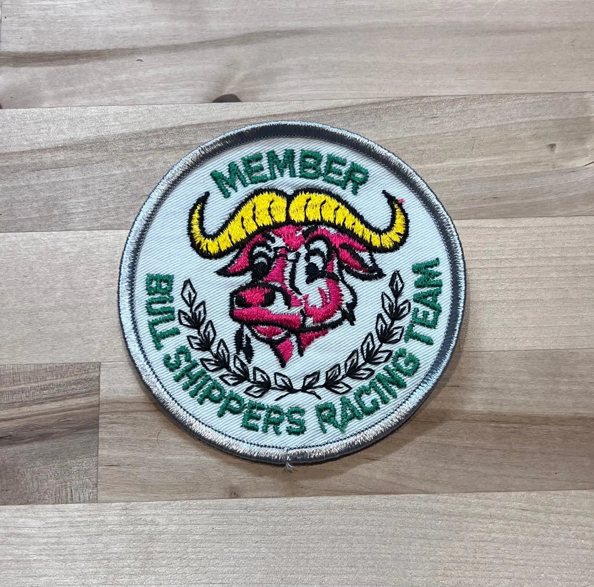 Members Bull Shippers Racing Team Vintage Patch New Old Stock Eclectic Relic has been safely stored away for decades and measures approximately 4 inch circle