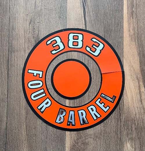 383 Four Barrel Decal Orange and Silver Metallic Top Air Cleaner 1966-1971 Mopar Plymouth Dodge. This relic has been stored for decades and measures 2.5 in x 11 in