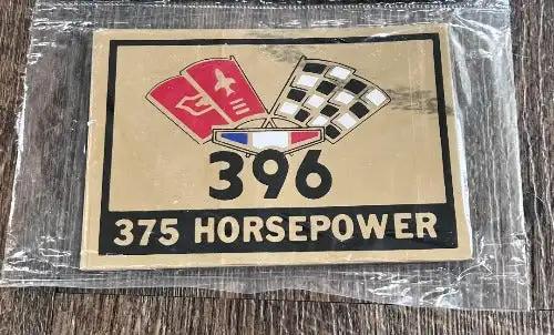 Chevrolet 396 375 Horsepower Decal Cross Flags Gold Metallic Chevy Relic has been safely stored away for decades and measures approx 5.5 x 3.5 inch Great restoration