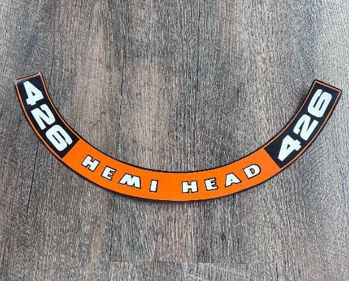 426 HEMI HEAD Decal Air Cleaner MOPAR Plymouth Dodge CHRYSLER LARGE This relic has been stored for decades and measures 1.5 inches in width by 18 in length. NOS