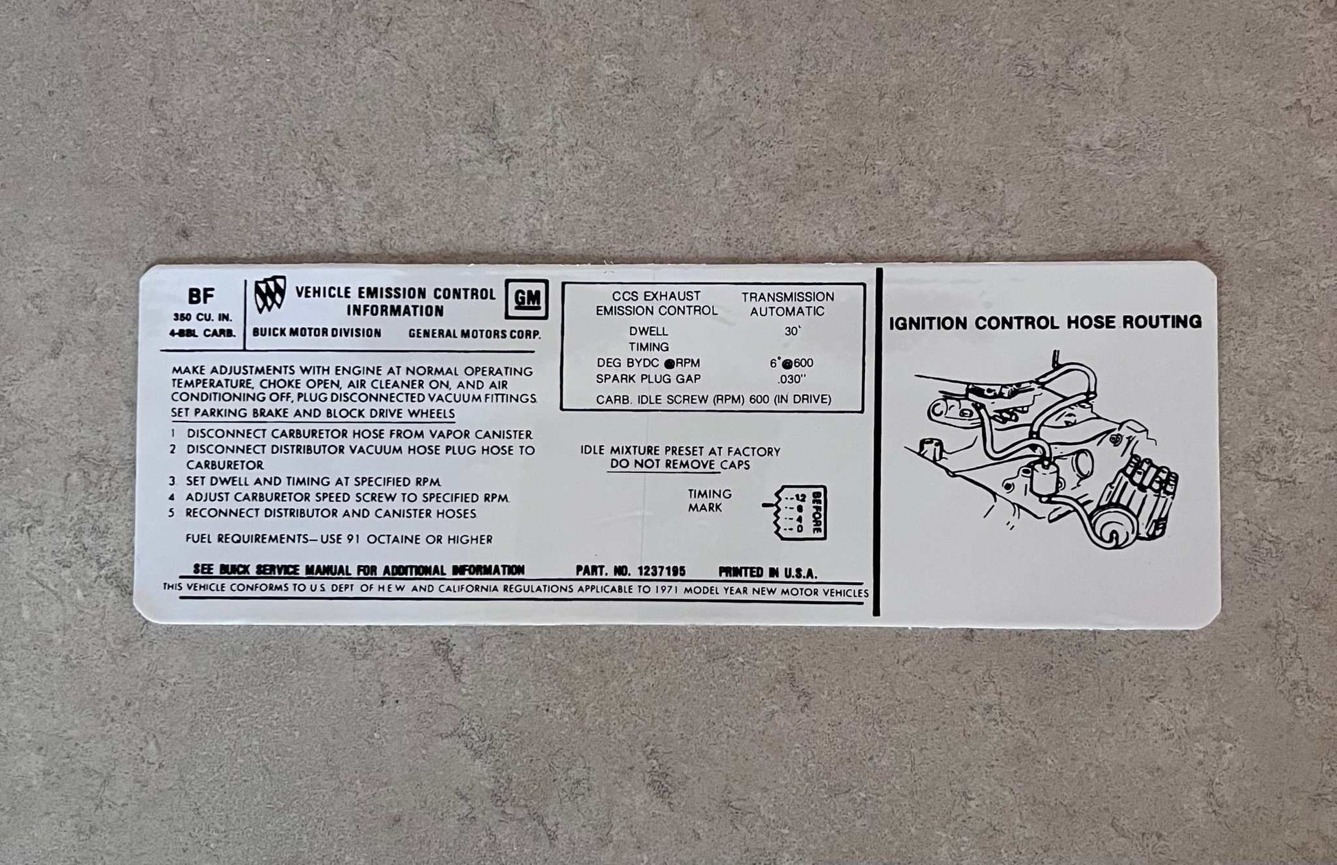 Buick 1971 350 4V AT Transmission Emission Decal Skylark GS 350 Decal EXC Restoration Condition Relic has been stored away for decades and measures approximately