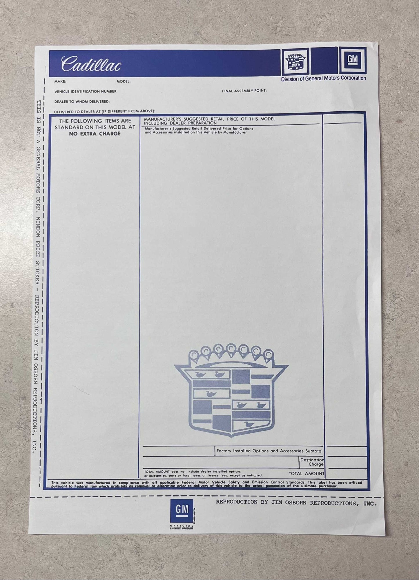 Cadillac 1975-78 New Car Window Sticker Decal Restoration EXC Condition NOS Rare