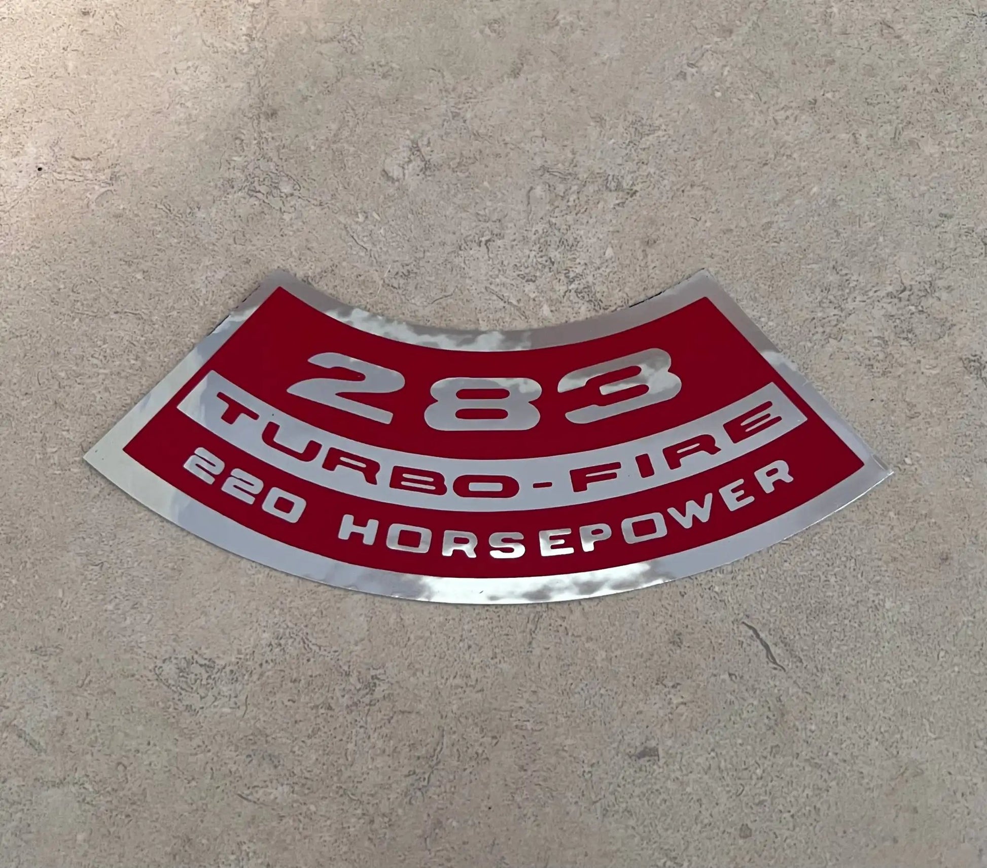 283 Turbo Fire 220 Horsepower Decal Air Cleaner Chevrolet 1960s-1970s Auto Truck. Relic has been stored safely away for decades and measures approx 2 in x 6 in. 