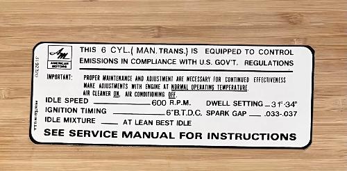 American Motors 1968-69 6 Cylinder Manual Transmission Emission Decal