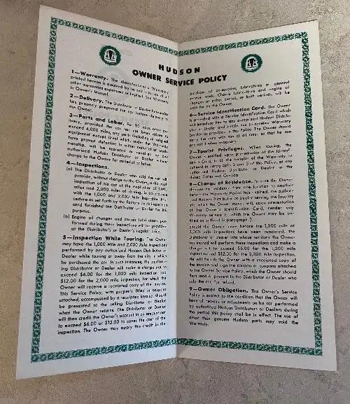 Hudson 1938-1957 New Car Owners Service Policy