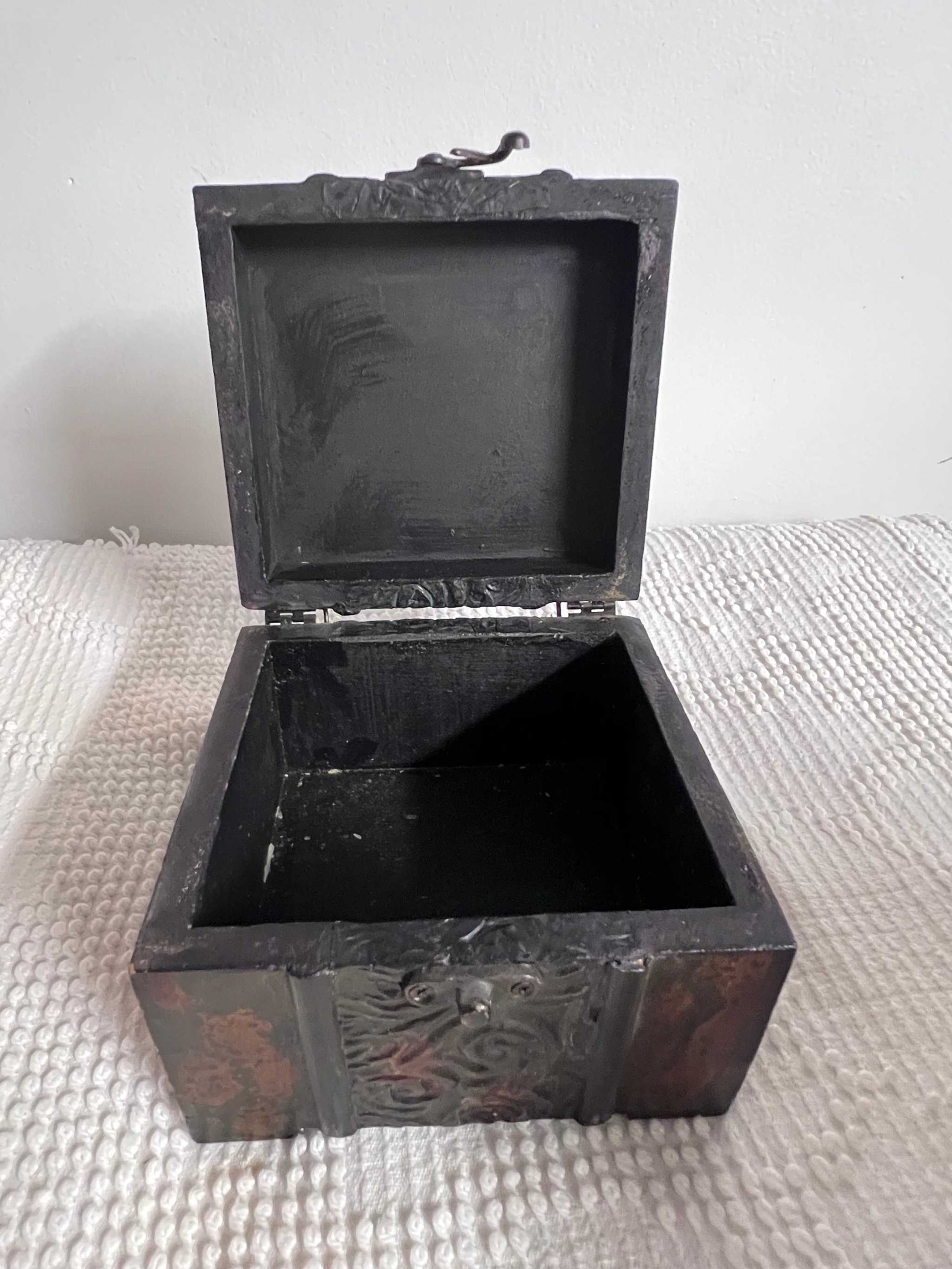 Vintage Square Wooden Treasure Box Unique Eclectic Item Rare The hooked latch, hinges and center motif are metal. The item measures approximately 5 1/5 inches wide